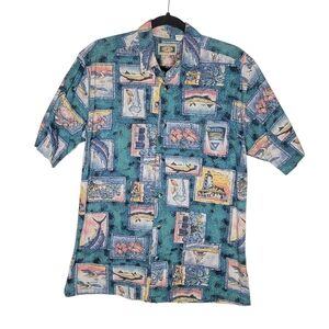 Vintage 90s Global Tracking Fish Flower Floral Post Card Hawaiian Shirt Size M